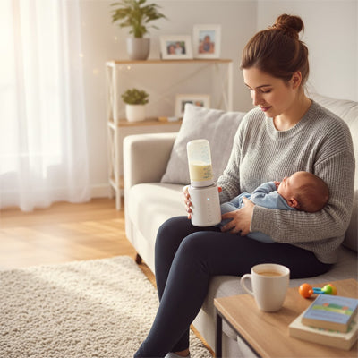 maman tient bébé et un chauffe biberon portable dans les bras