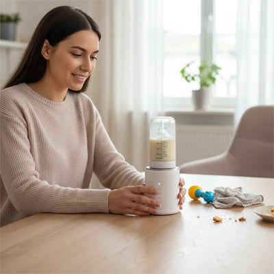 maman tient dans ces mains un chauffe biberon portable