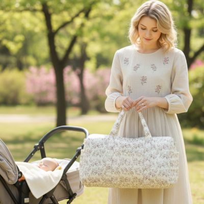 maman tient un Sac de maternité multi compartiments organise avec bébé dans une poussette