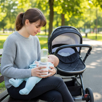 maman tient un chauffe biberon portable et bébé dans ces bras dans un parc