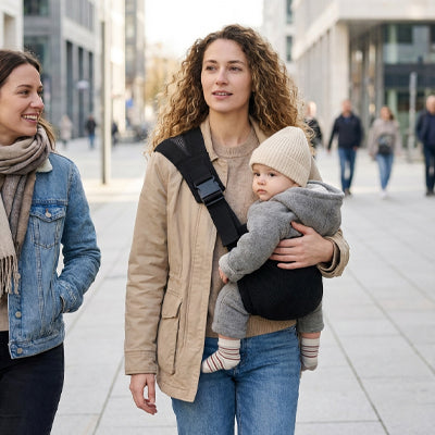 promenade avec bébé dans un porte bébé bandoulière