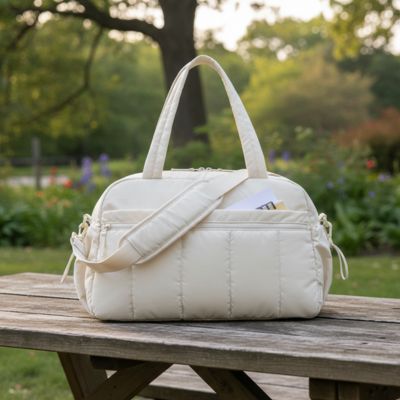 un sac a langer poser sur un banc dans un park naturel